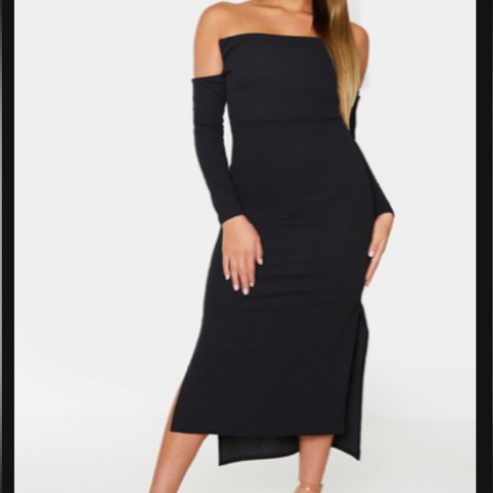 PrettyLittleThing Black Fold Detail Bardot Midi Dress